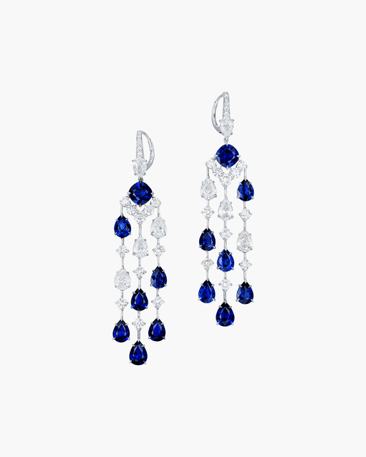 Cushion Cut and Pear Shape Sapphire and Diamond Chandelier Earrings