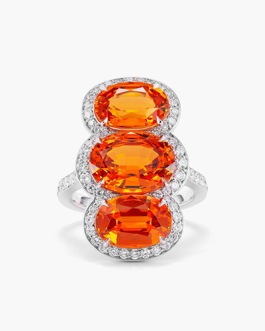 Three-Stone Oval Shape Mandarin Garnet and Diamond Ring