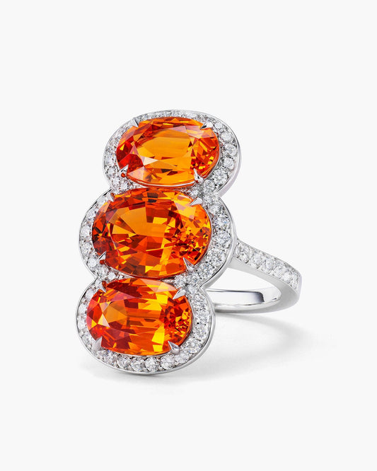 Three-Stone Oval Shape Mandarin Garnet and Diamond Ring