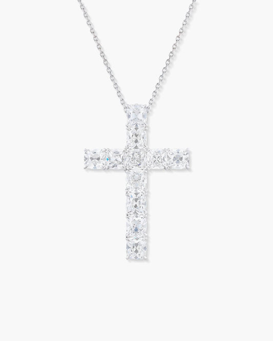 Antique Cushion Cut Diamond Cross Pendant Necklace, 8.11 carats
