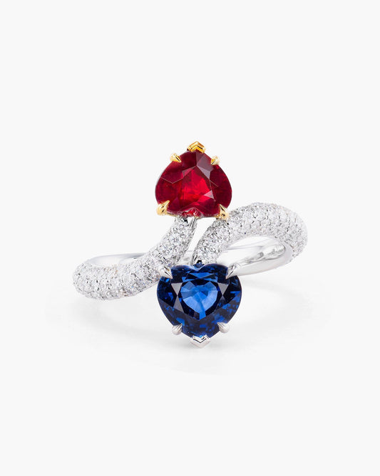 Heart Shape Ceylon Sapphire, Burmese Ruby and Diamond Toi-et-Moi Ring