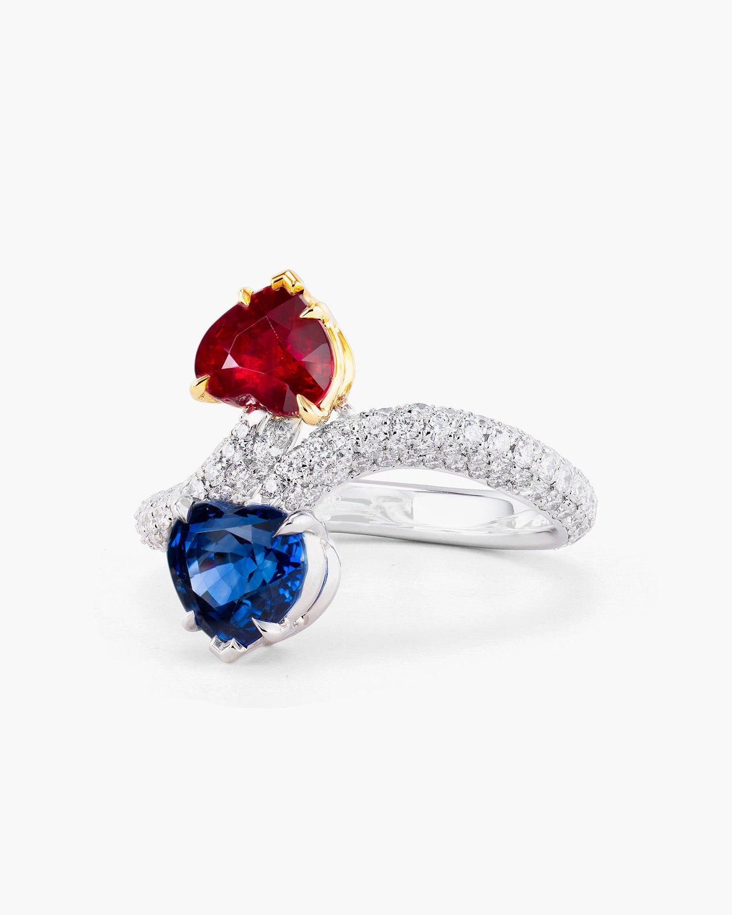 Heart Shape Ceylon Sapphire, Burmese Ruby and Diamond Toi-et-Moi Ring