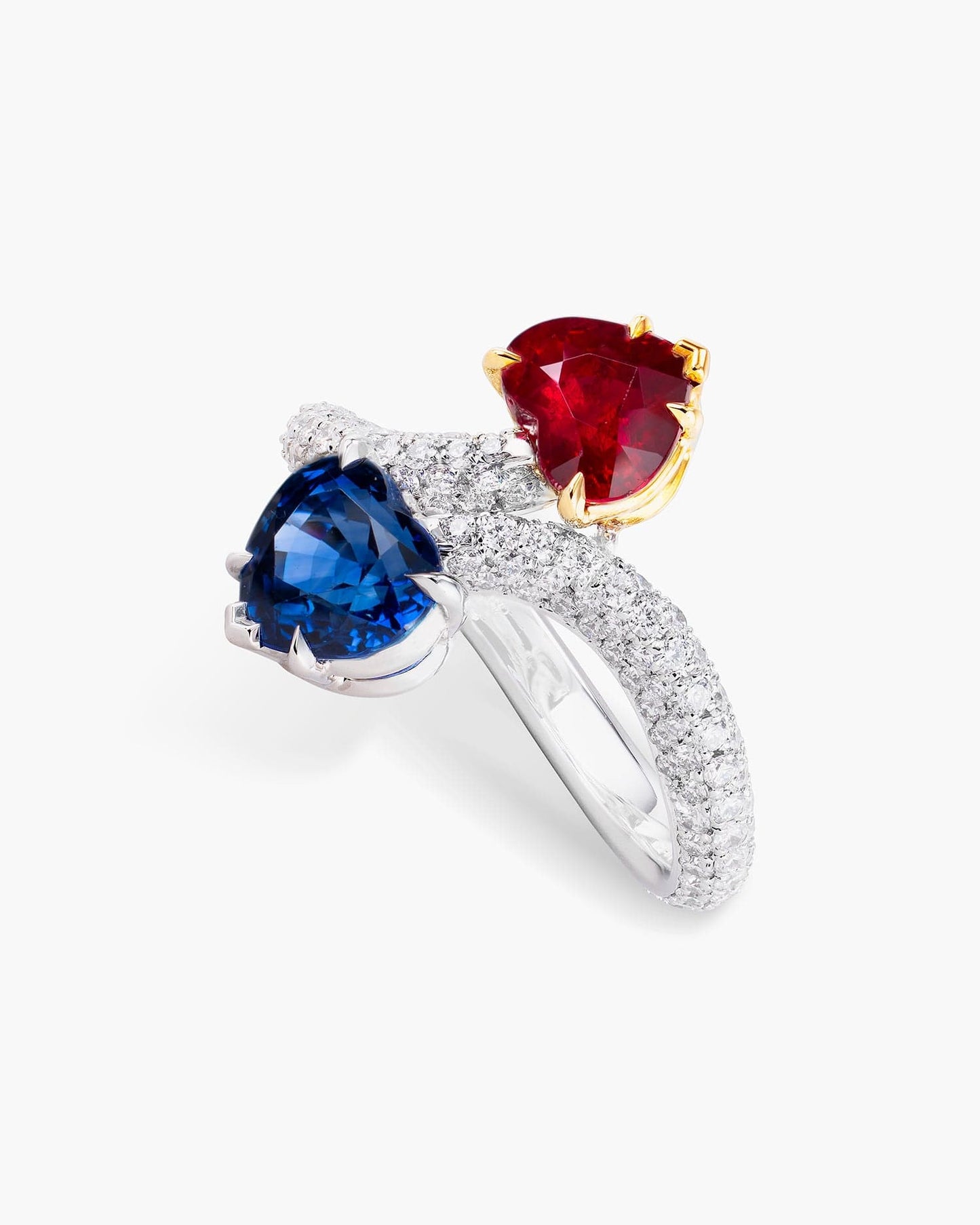 Heart Shape Ceylon Sapphire, Burmese Ruby and Diamond Toi-et-Moi Ring