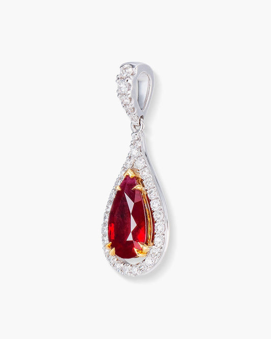 1.35 carat Pear Shape Burmese Ruby and Diamond Pendant Necklace