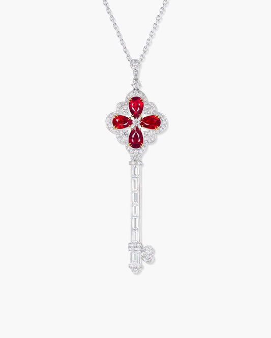 Pear Shape Burmese Ruby and Diamond Key Pendant Necklace, 6.89 carats