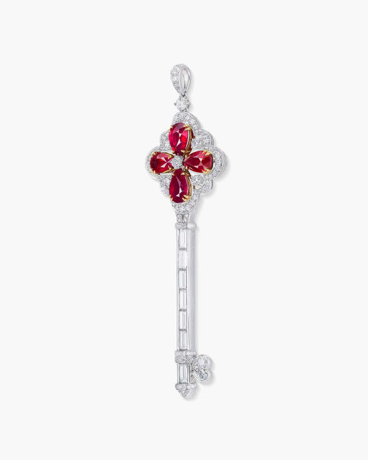Pear Shape Burmese Ruby and Diamond Key Pendant Necklace, 6.89 carats