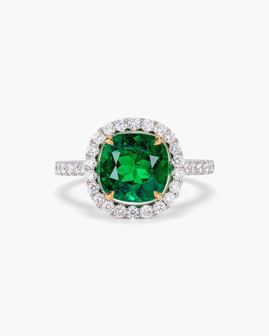 2.64 carat Cushion Cut Colombian Emerald and Diamond Ring
