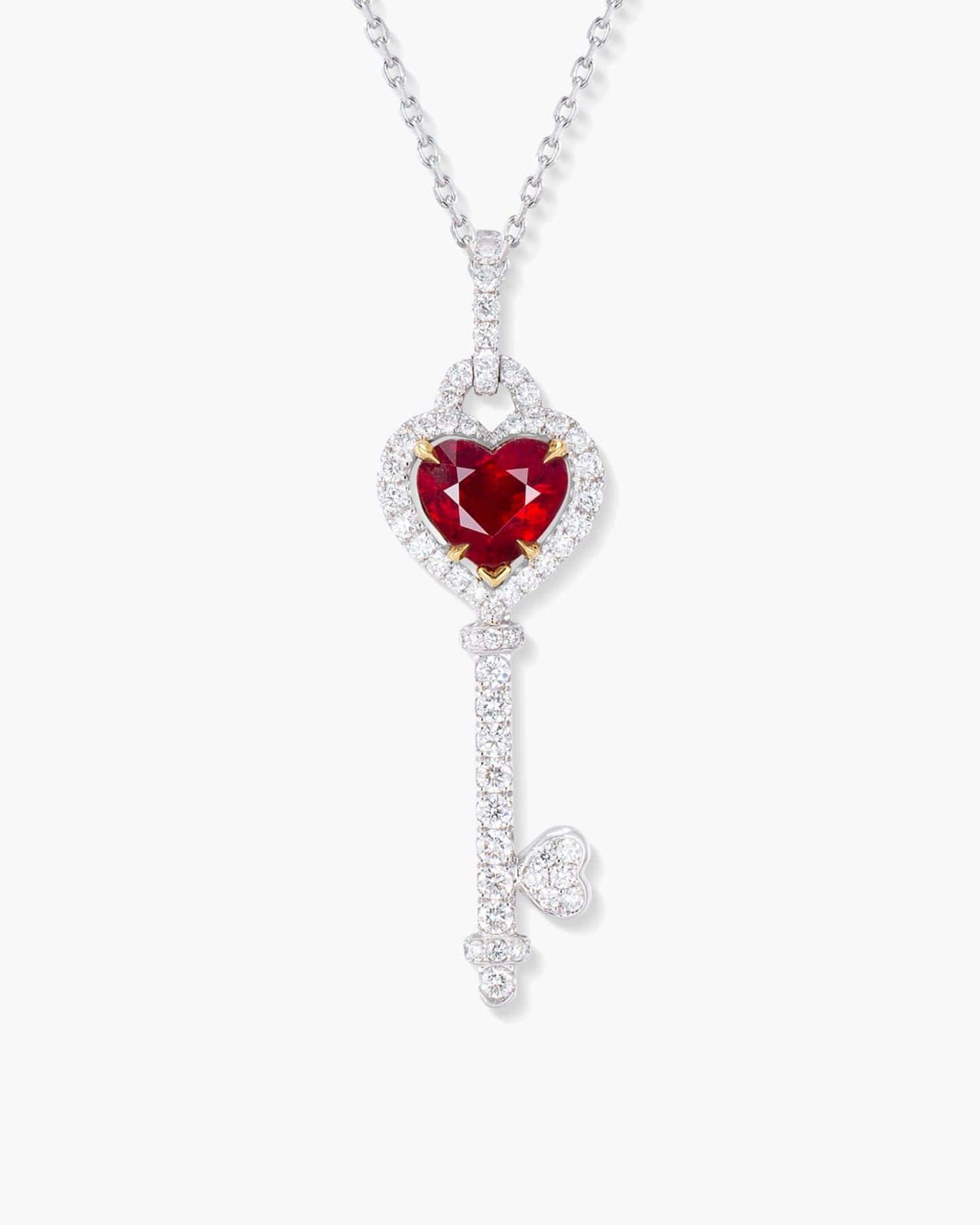 Heart Shape Burmese Ruby and Diamond Key Pendant Necklace, 1.95 carats