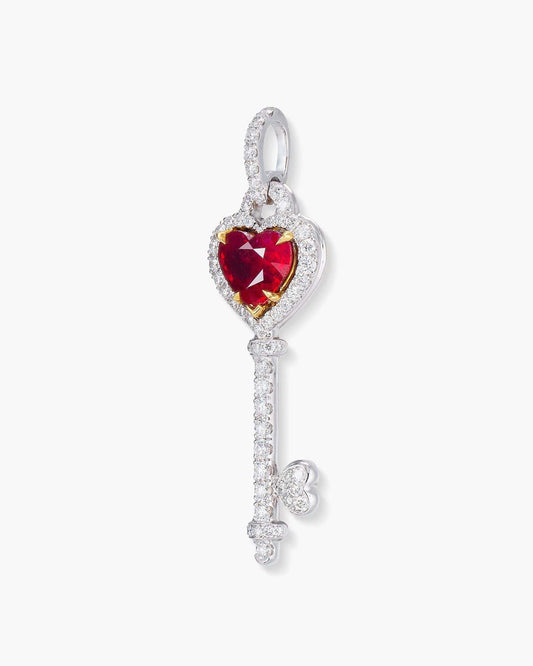 Heart Shape Burmese Ruby and Diamond Key Pendant Necklace, 1.95 carats