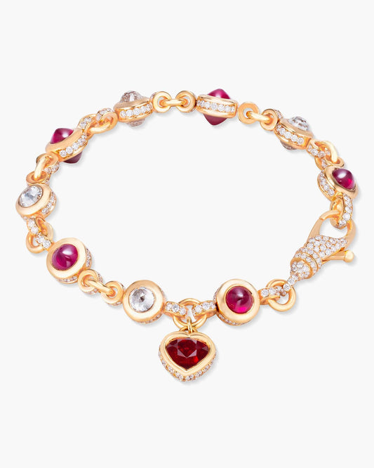 Burmese Ruby and Diamond Charm Bracelet with Heart Charm