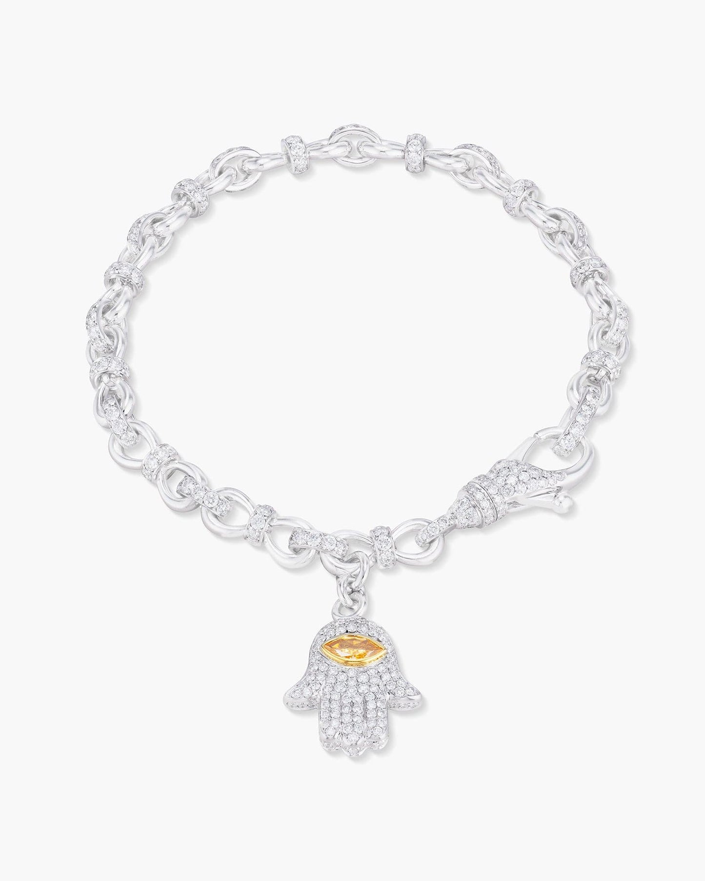 Marquise Shape Orange and White Diamond Charm Bracelet with Hamsa Charm