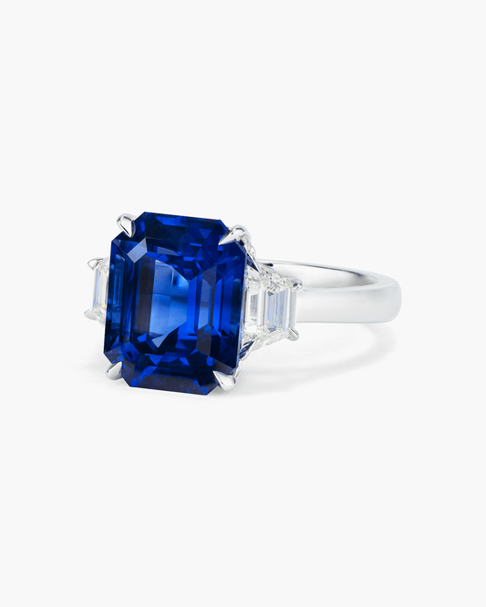 7.25 carat Emerald Cut Ceylon Sapphire and Diamond Ring