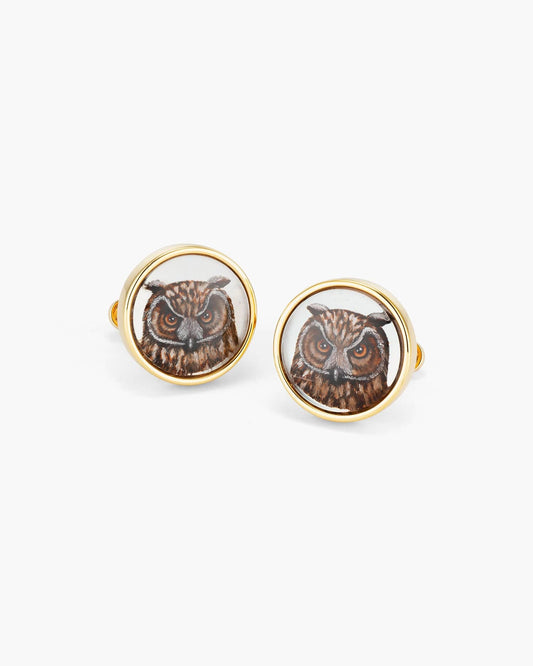 Mother of Pearl and Crystal Hand Painted Owl Cufflinks