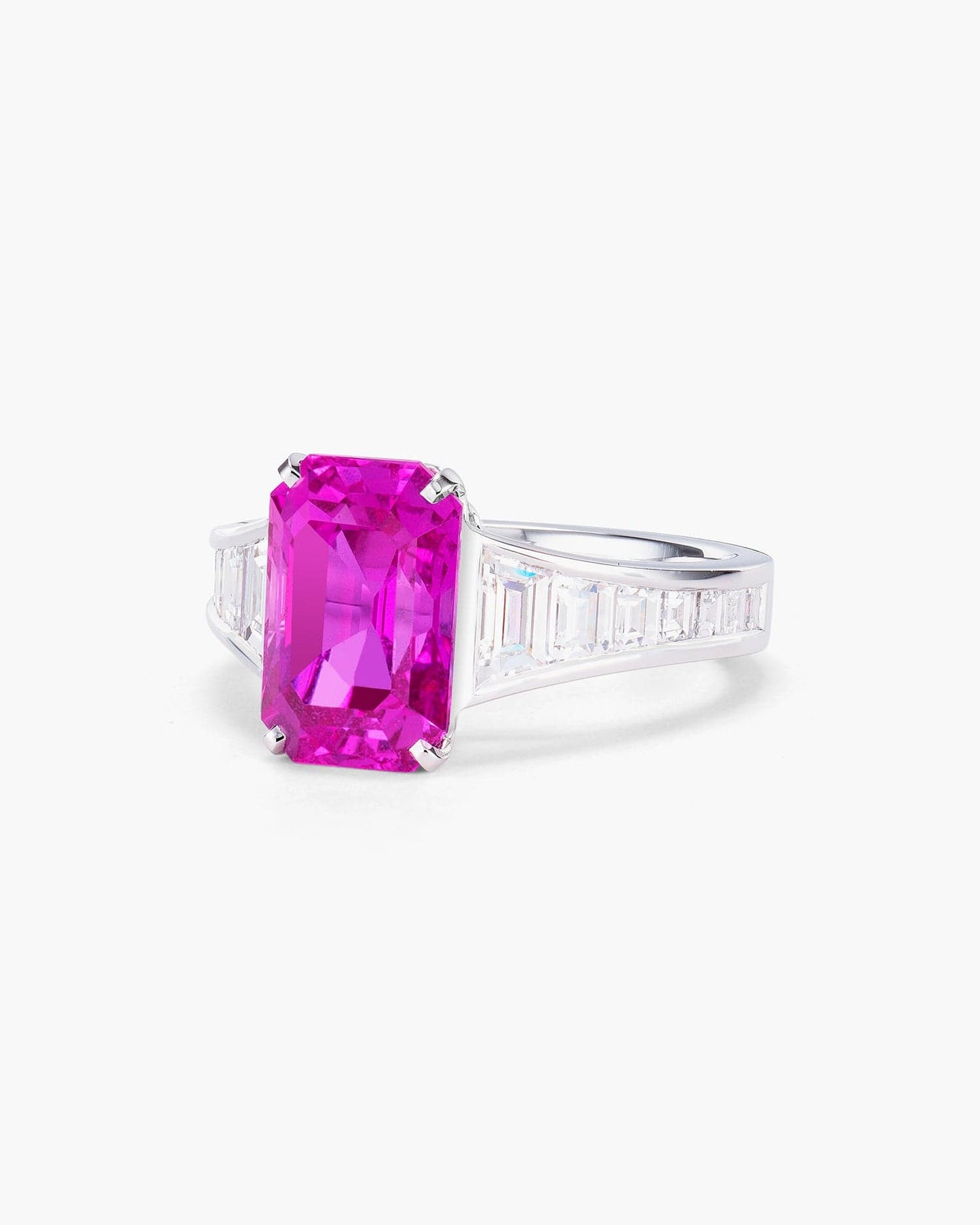 4.31 carat Emerald Cut Madagascar Pink Sapphire and Diamond Ring