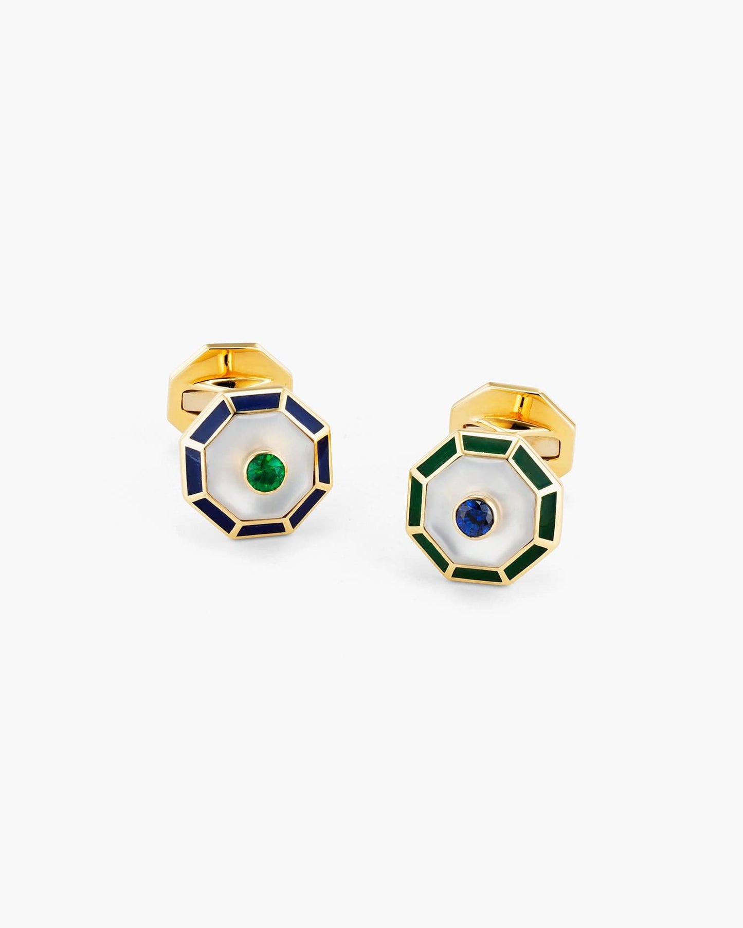 Emerald, Sapphire, Mother of Pearl and Enamel Octagonal Cufflinks