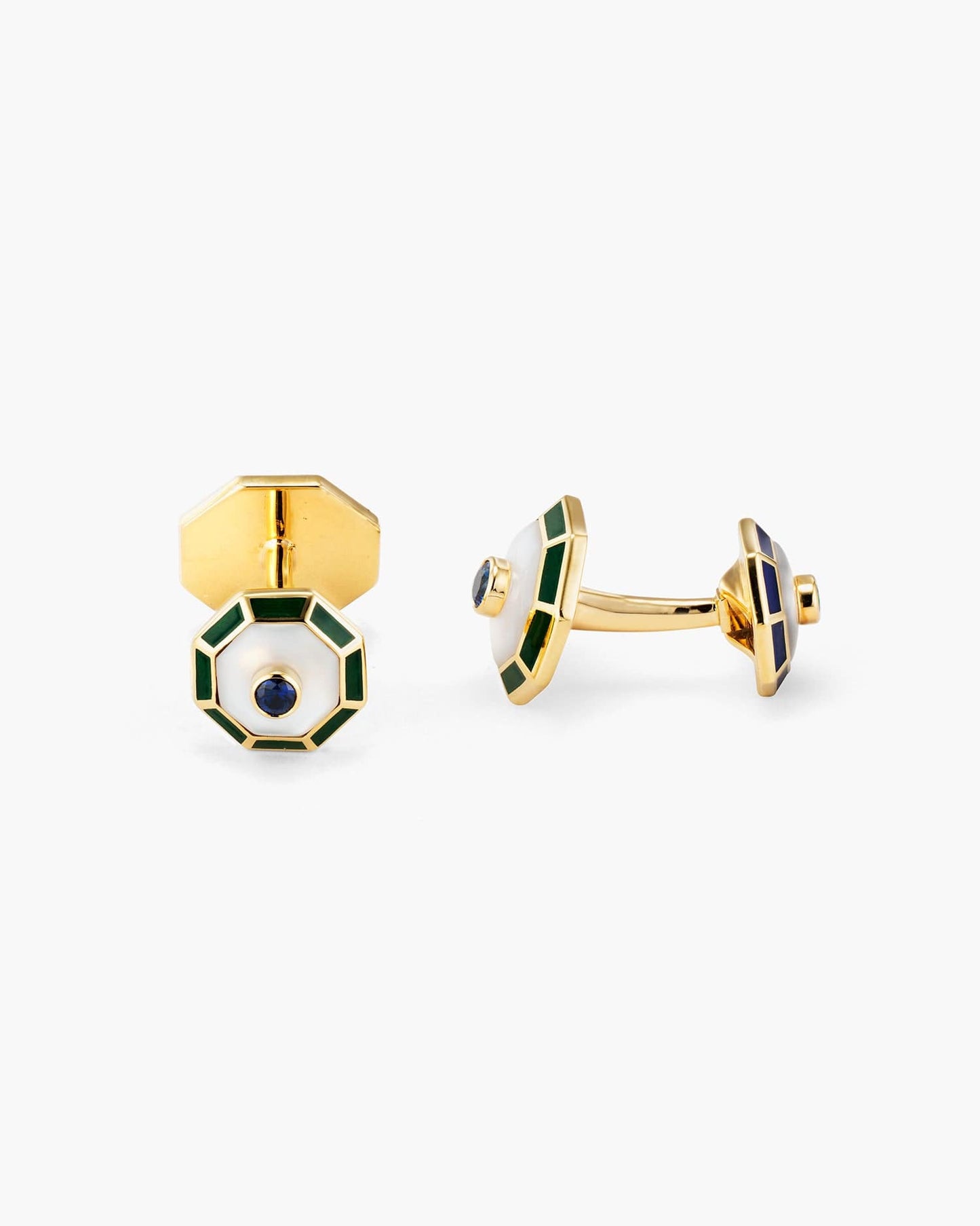 Emerald, Sapphire, Mother of Pearl and Enamel Octagonal Cufflinks