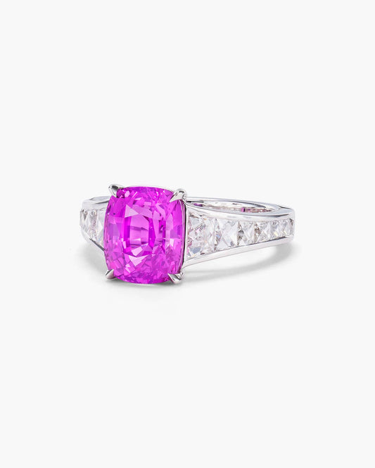 4.10 carat Cushion Cut Madagascar Pink Sapphire and Diamond Ring