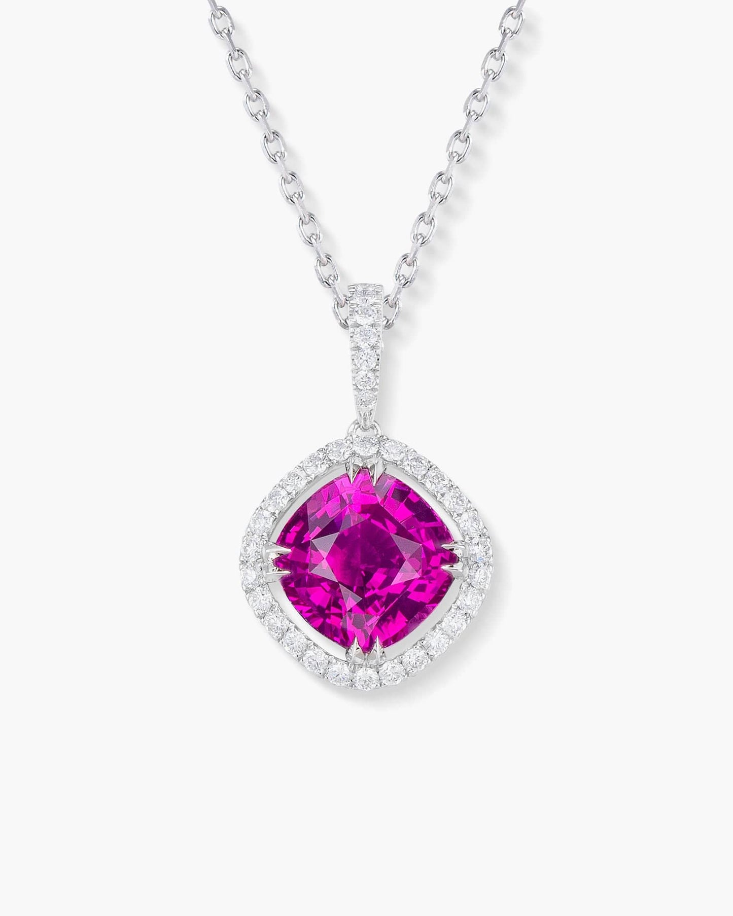 3.05 carat Cushion Cut Ceylon Pink Sapphire and Diamond Pendant Necklace