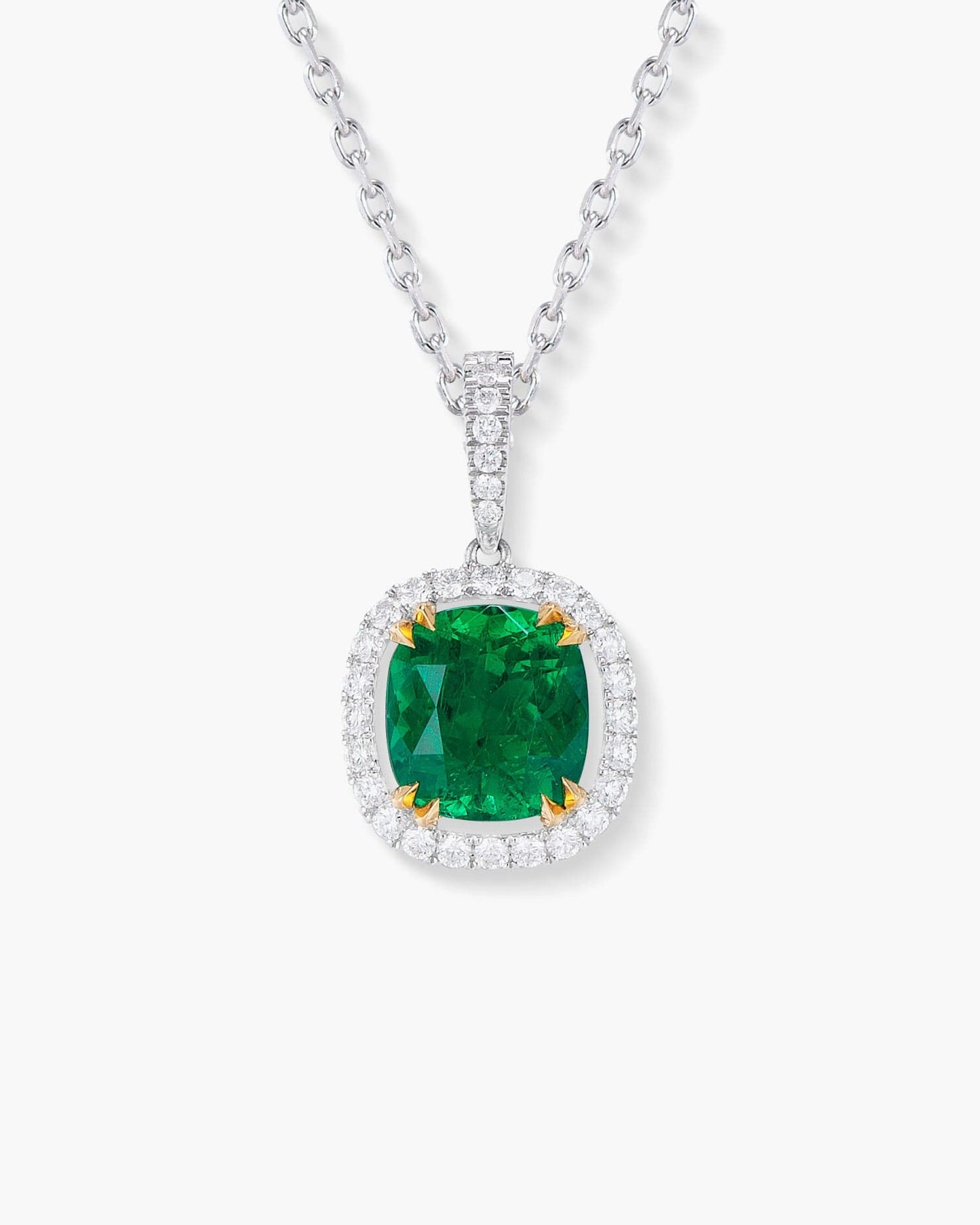 1.66 carat Cushion Cut Colombian Emerald and Diamond Pendant Necklace