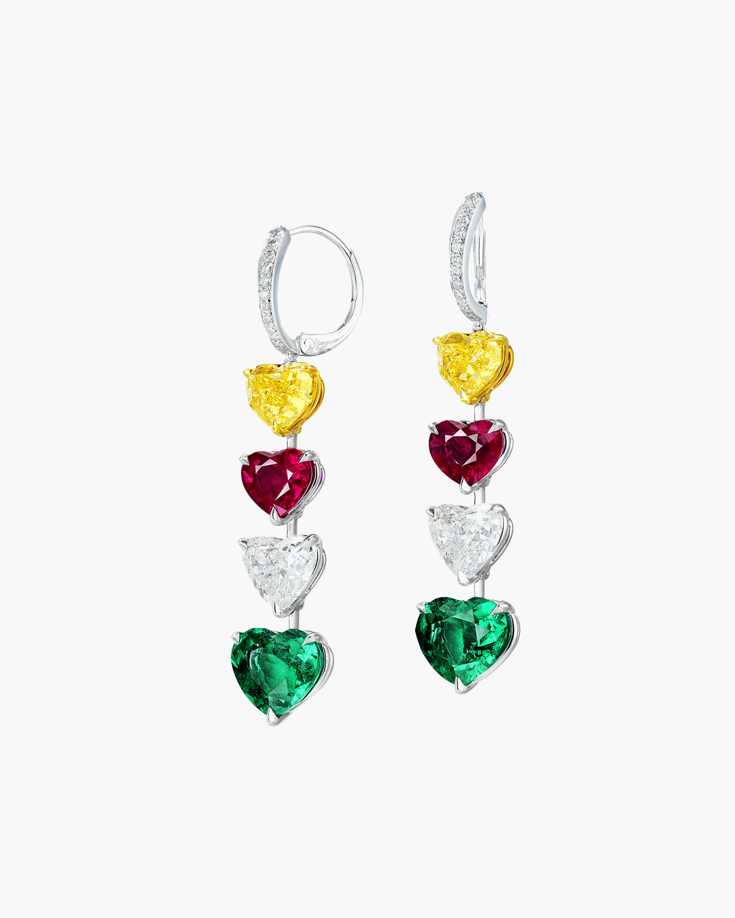 13.13 carat Heart Shape Emerald, Ruby, White and Yellow Diamond Earrings