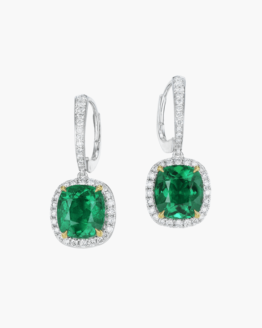 4.68 carat Cushion Cut Colombian Emerald and Diamond Earrings