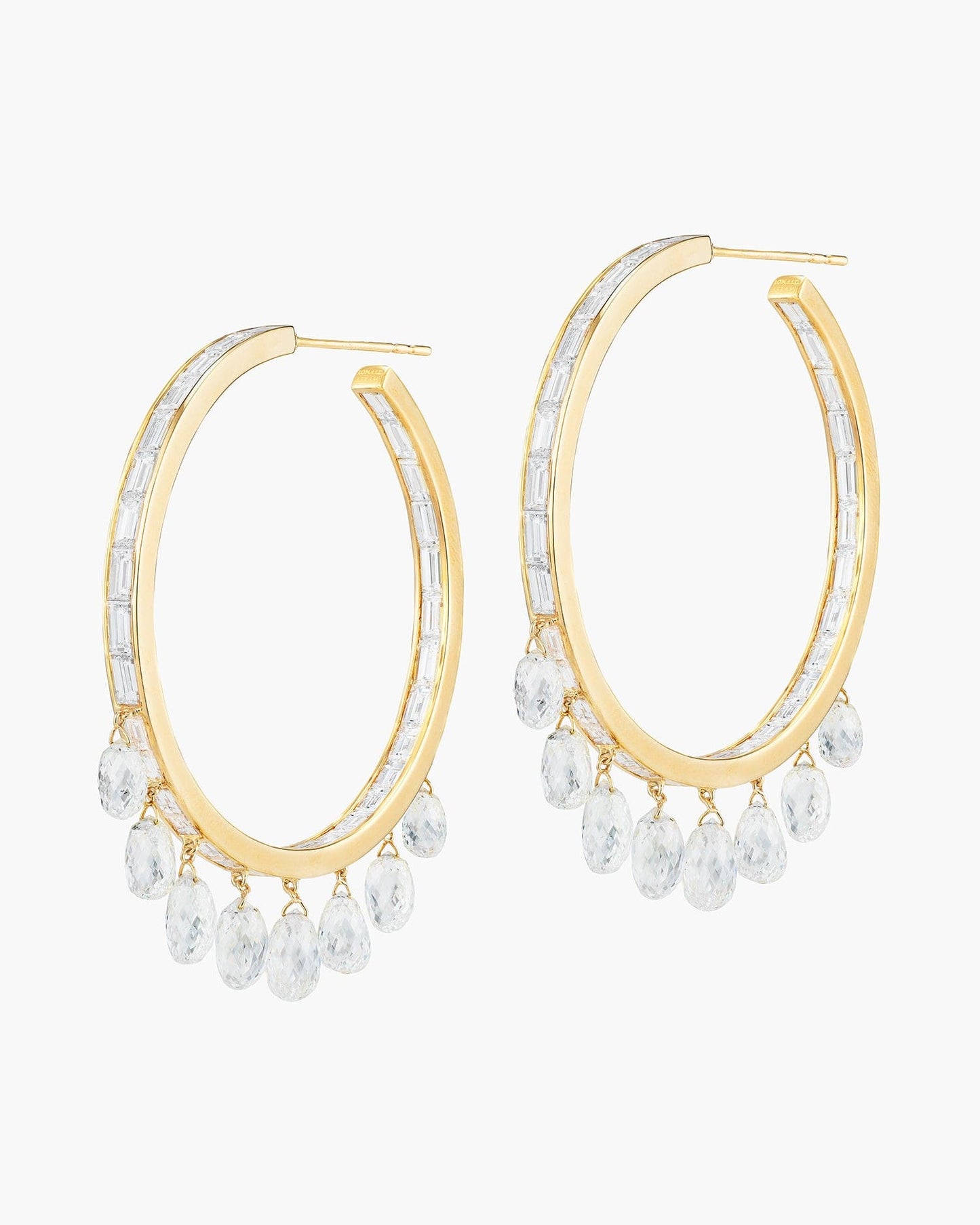 Briolette and Baguette Diamond Yellow Gold Hoop Earrings