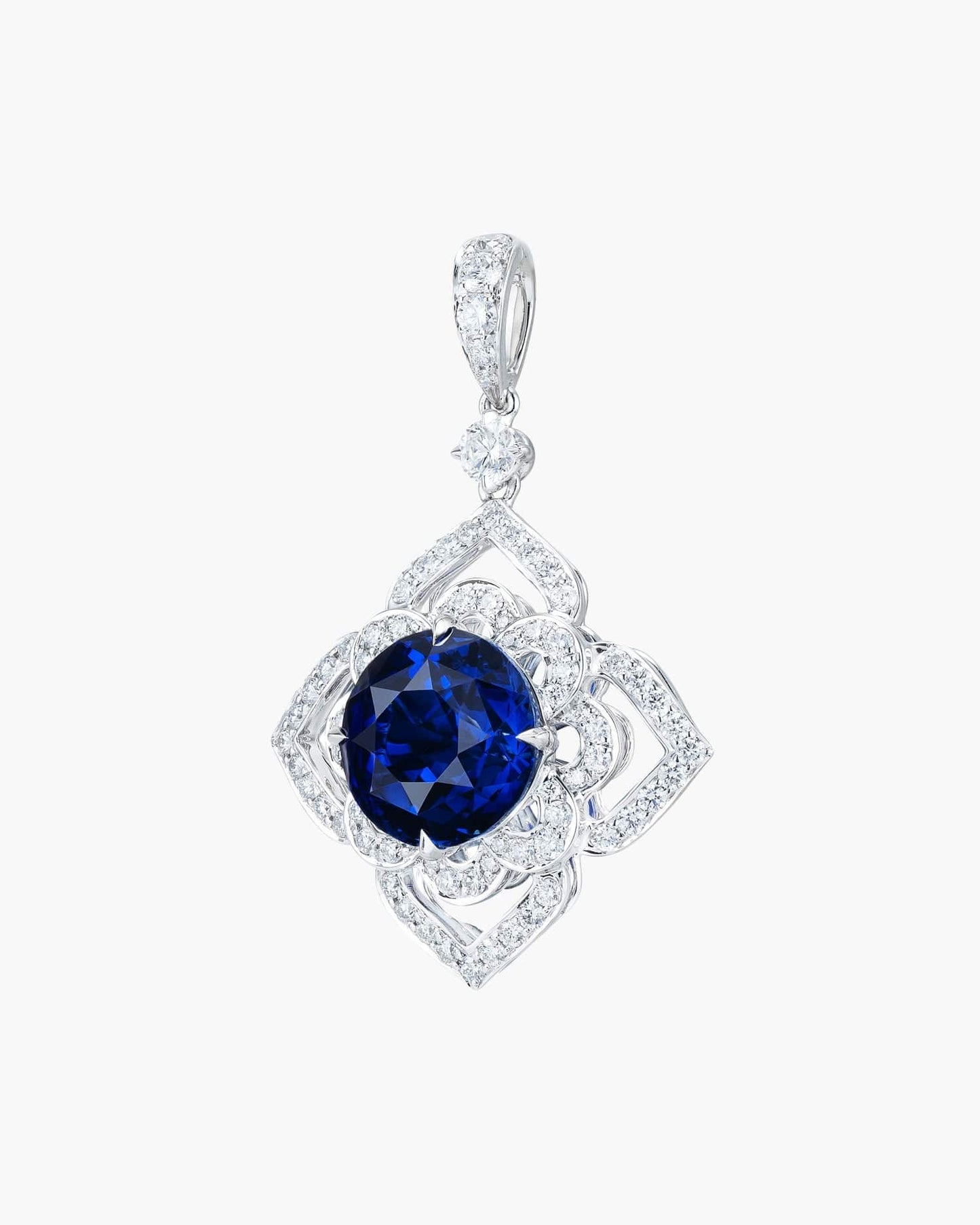 4.49 carat Round Cut Ceylon Sapphire and Diamond Lotus Pendant Necklace