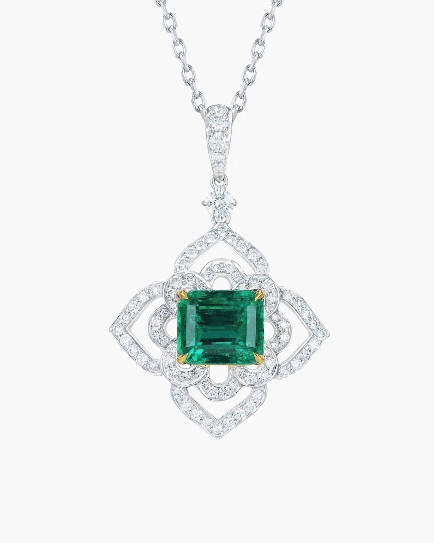 2.36 carat Emerald Cut Colombian Emerald and Diamond Lotus Pendant Necklace