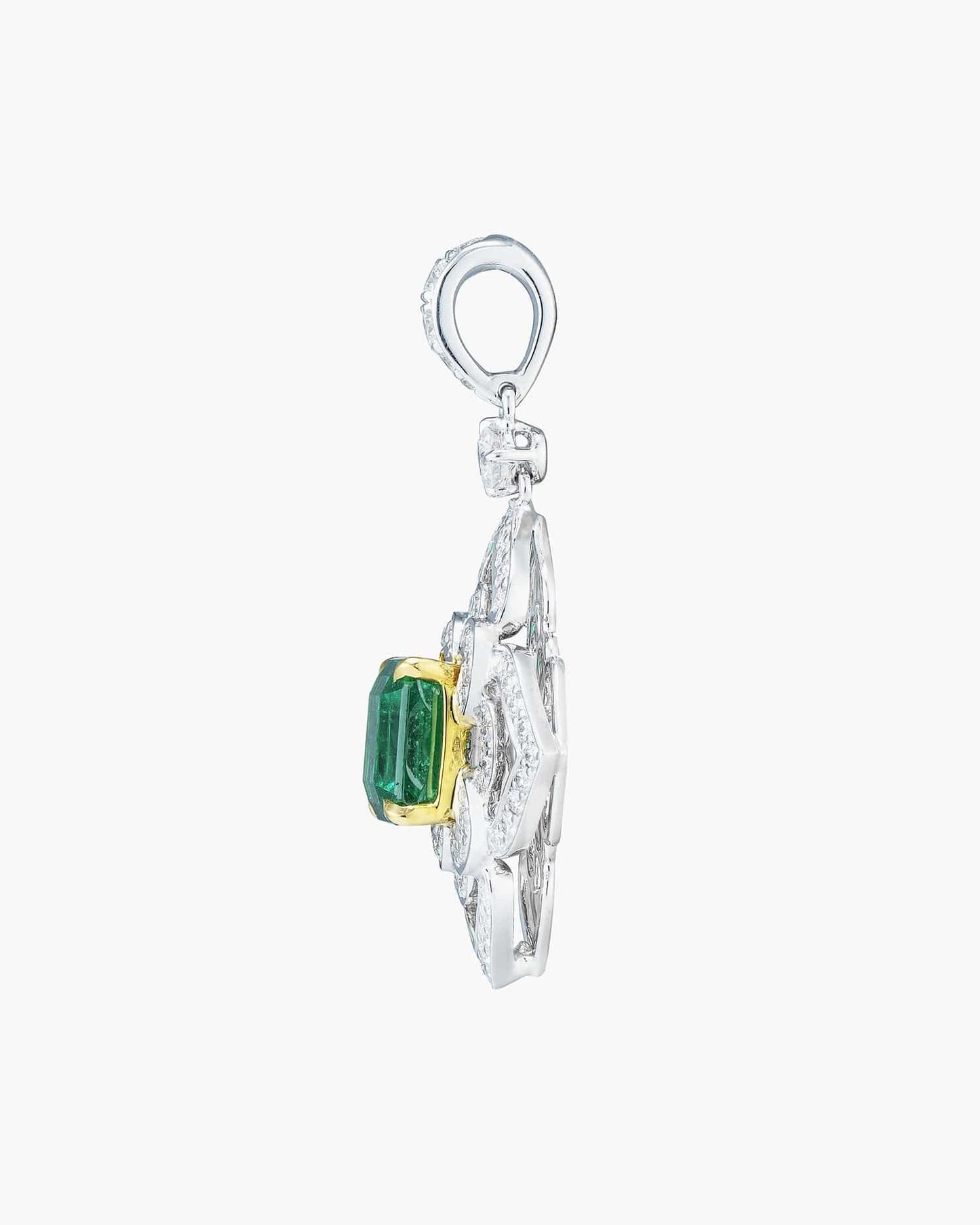 2.36 carat Emerald Cut Colombian Emerald and Diamond Lotus Pendant Necklace