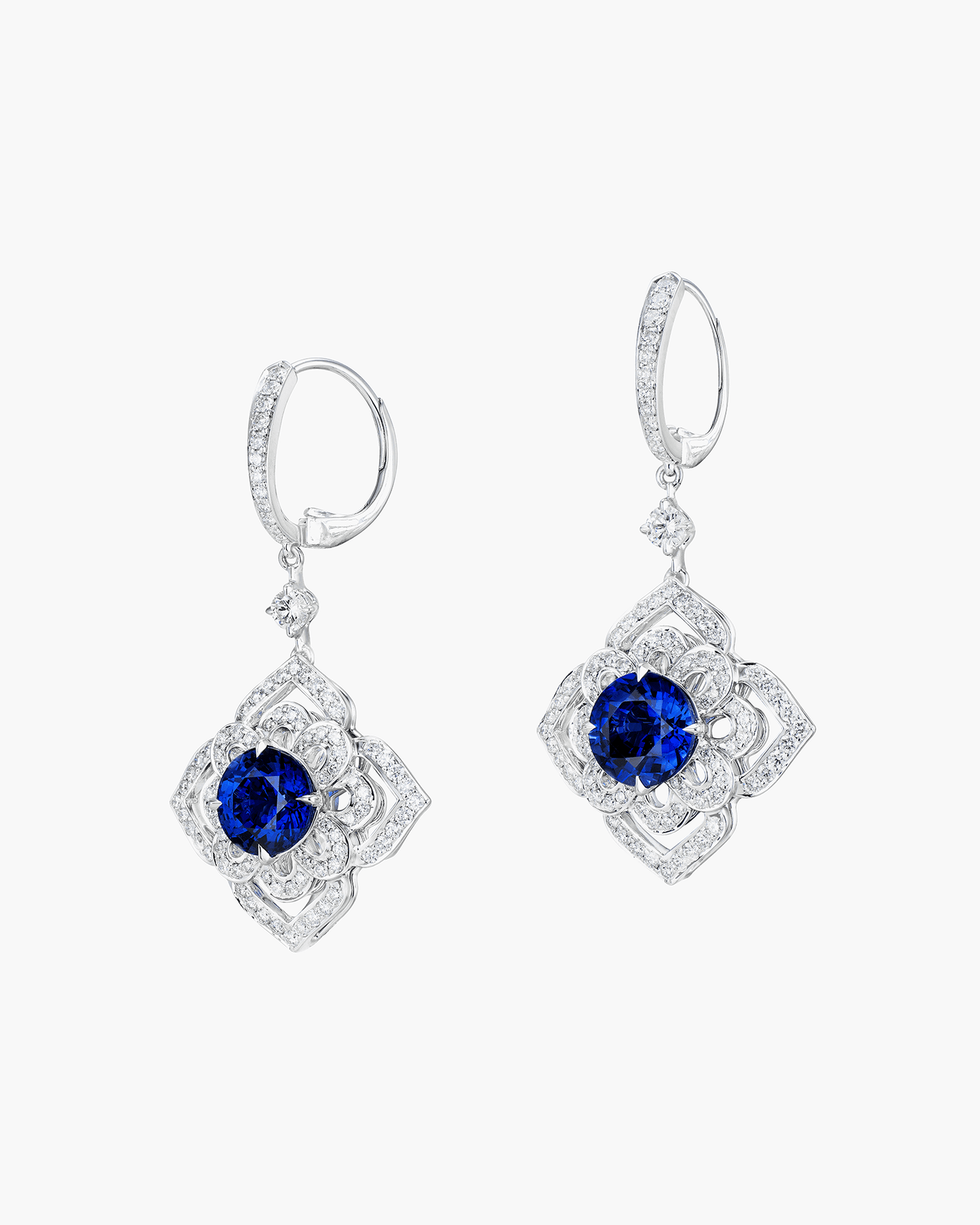 4.12 carat Round Cut Ceylon Sapphire and Diamond Lotus Earrings
