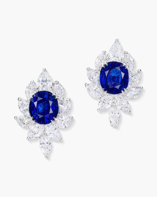 6.07 carat Oval Shape Ceylon Sapphire and Diamond Cluster Earrings