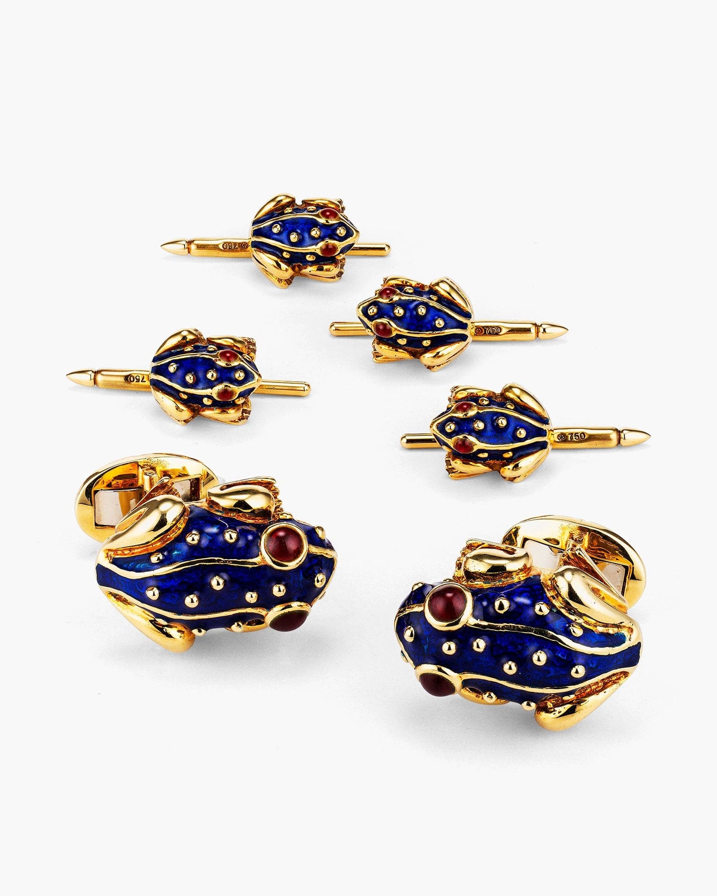 Blue Enamel and Ruby Toad Cufflinks and Stud Set