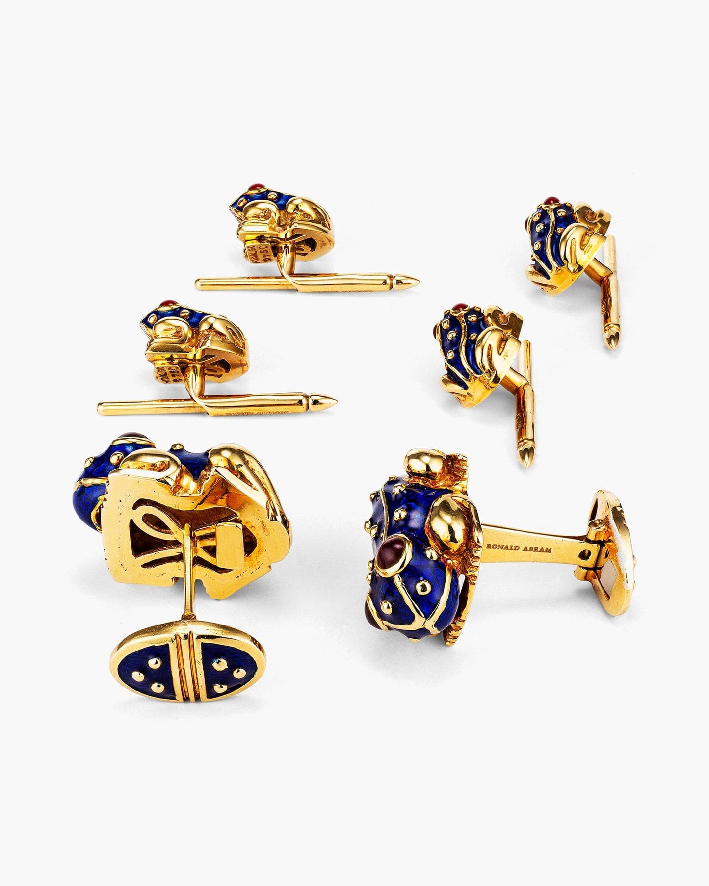 Blue Enamel and Ruby Toad Cufflinks and Stud Set