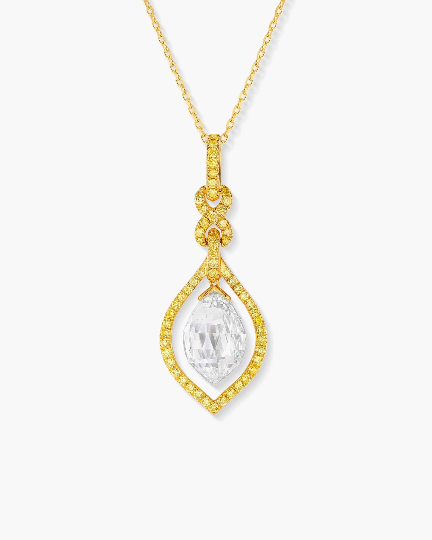 3.42 carat Briolette Cut White and Yellow Diamond Pendant Necklace