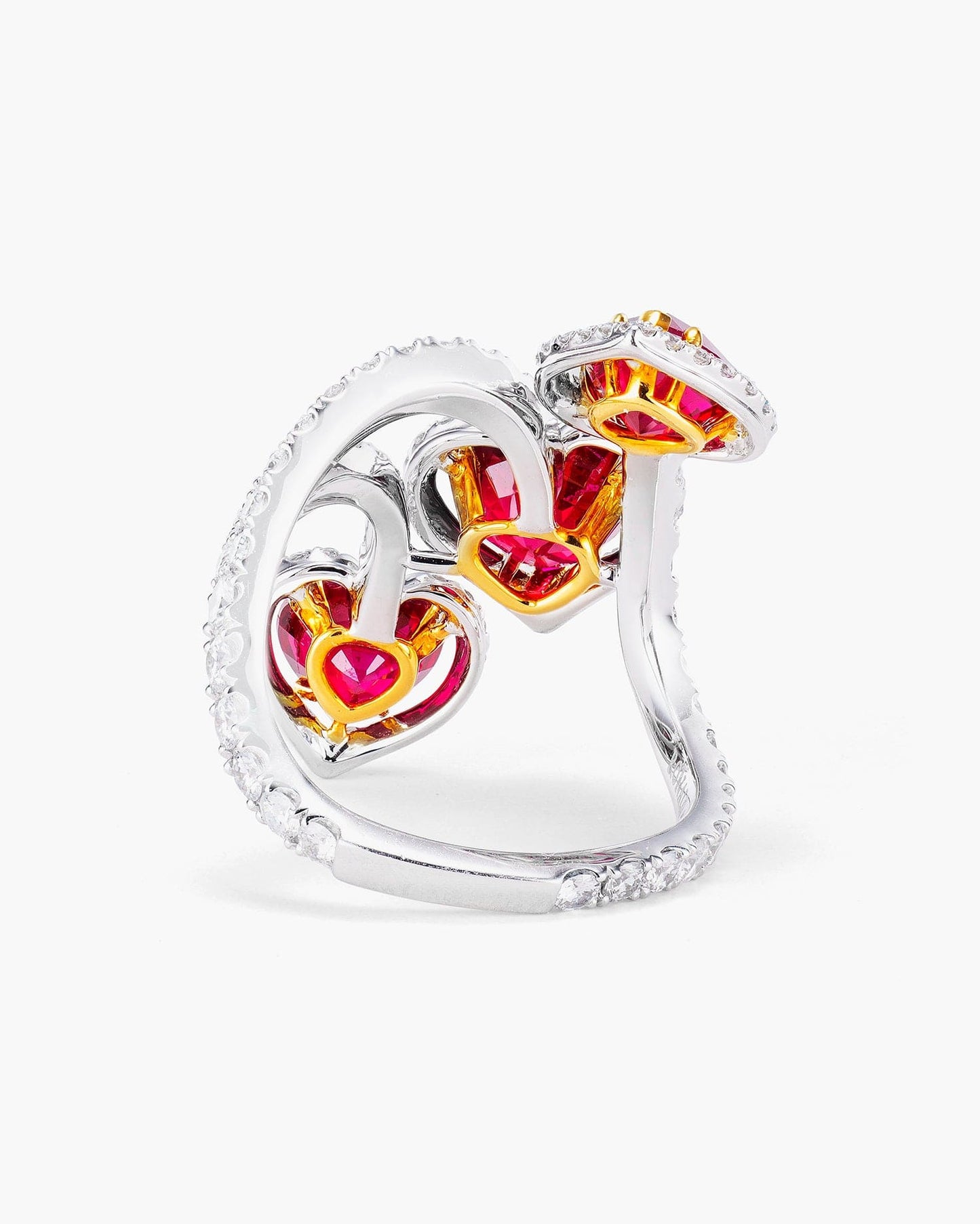 Three-Stone Heart Shape Burmese Ruby and Diamond Ring
