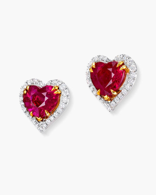 2.23 carat Heart Shape Burmese Ruby and Diamond Ear Studs