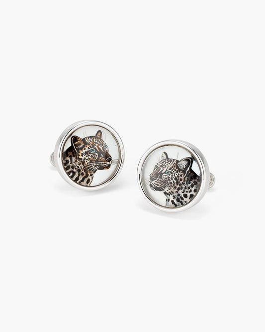 Mother of Pearl and Crystal Hand Painted Snow Leopard Cufflinks