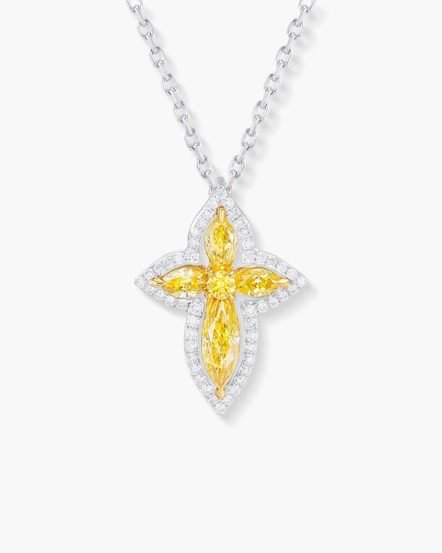 Fancy Shaped Yellow and White Diamond Cross Pendant Necklace, 1.10 carats