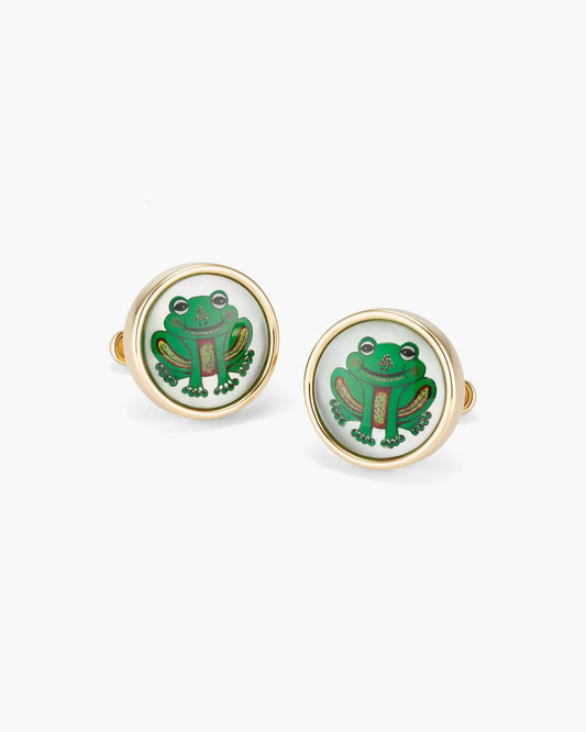 Mother of Pearl and Crystal Hand Painted Laughing Frog Cufflinks