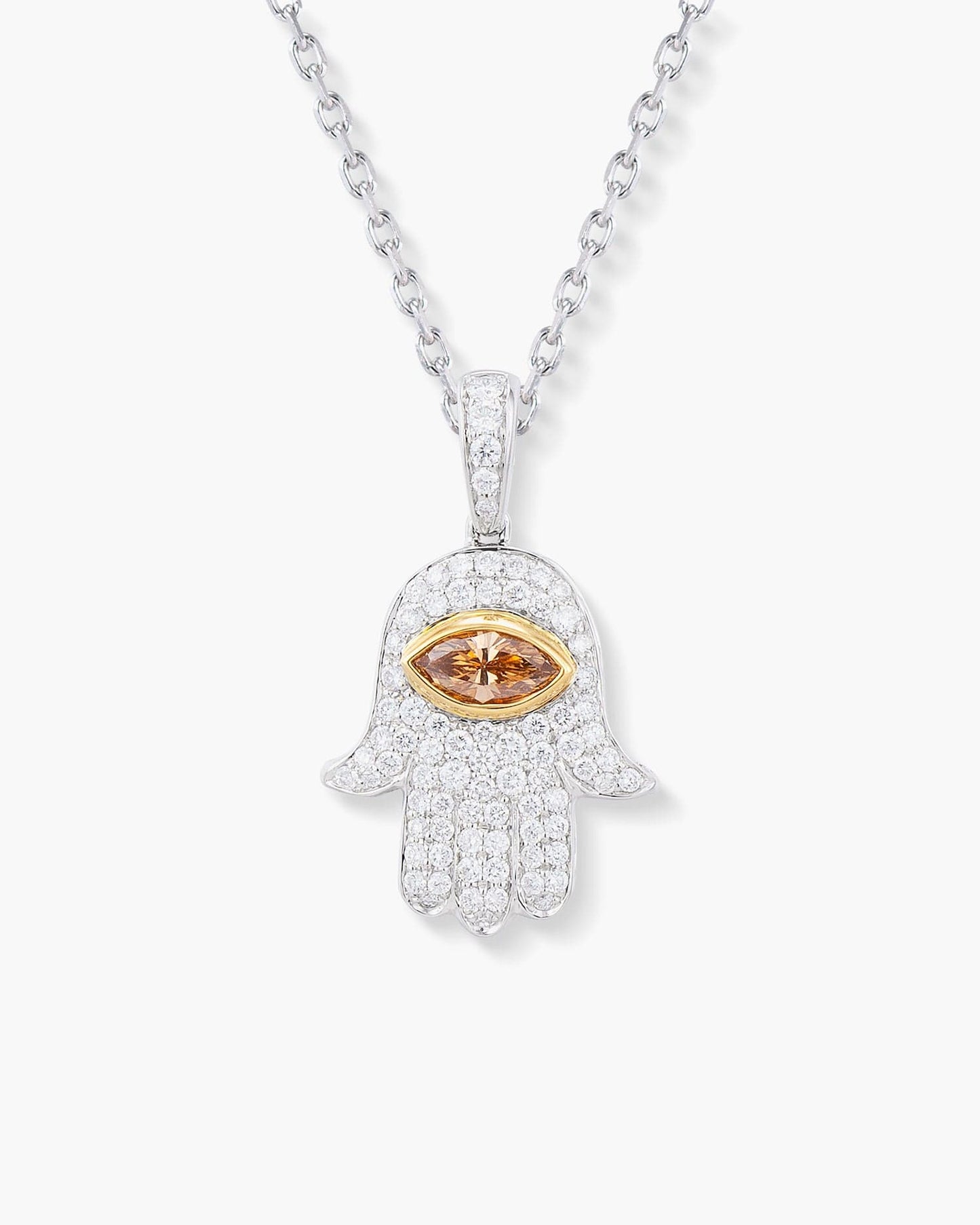 Brown and White Diamond Hamsa Pendant Necklace, 0.79 carats