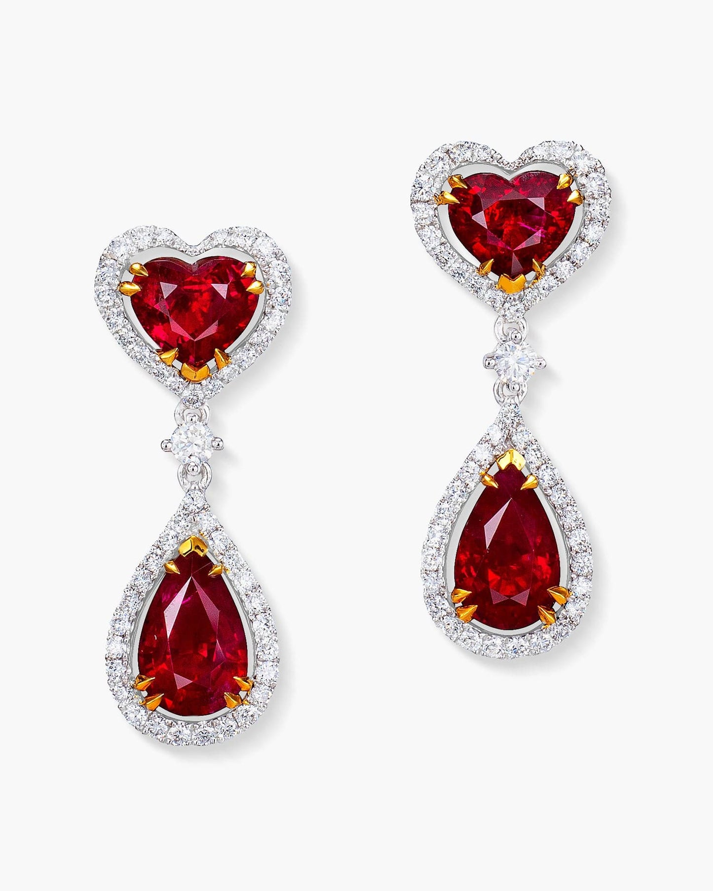 4.55 carat Heart and Pear Shape Burmese Ruby and Diamond Earrings