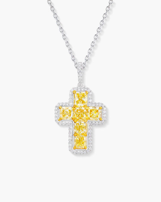 Radiant Cut Yellow and White Diamond Cross Pendant Necklace, 3.15 carats