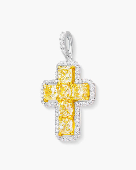 Radiant Cut Yellow and White Diamond Cross Pendant Necklace, 3.15 carats