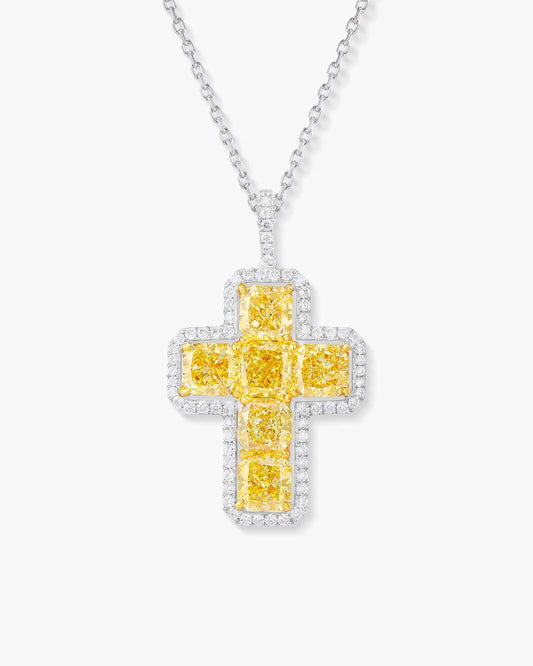 Radiant Cut Yellow and White Diamond Cross Pendant Necklace, 5.82 carats