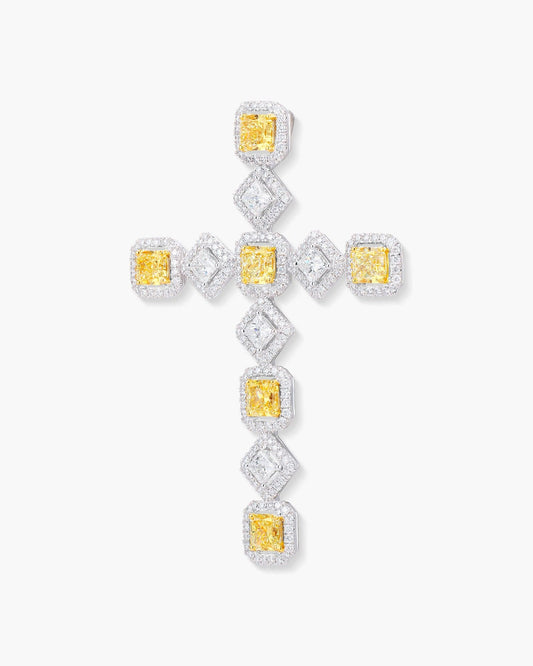 Radiant Cut Yellow and White Diamond Cross Pendant Necklace, 4.85 carats