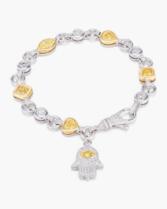 Yellow and White Diamond Charm Bracelet with Hamsa Charm