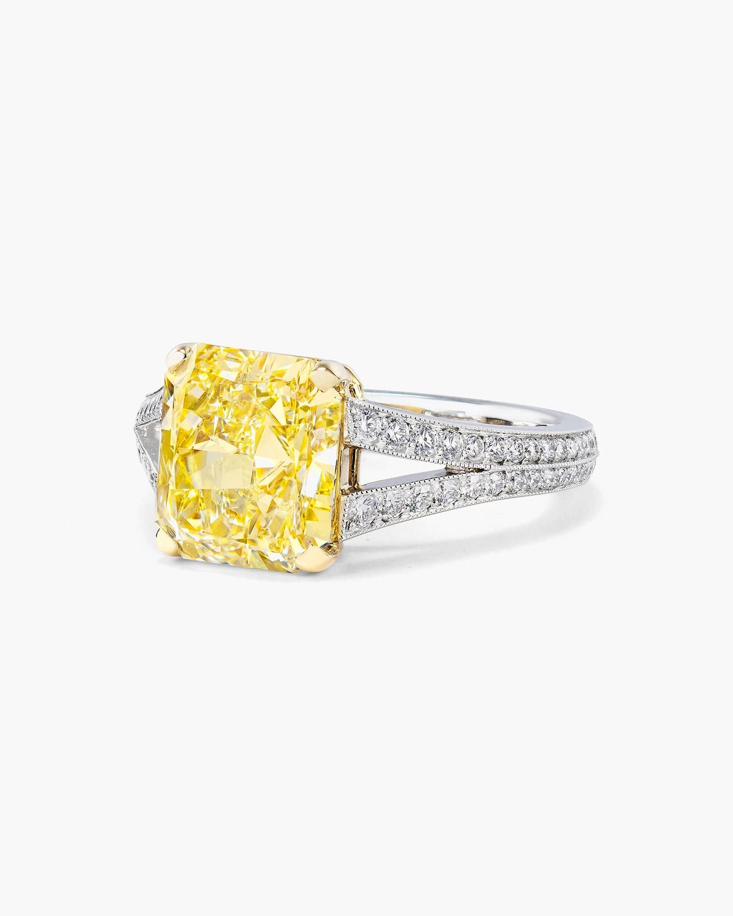 3.48 carat Radiant Cut Yellow and White Diamond Ring
