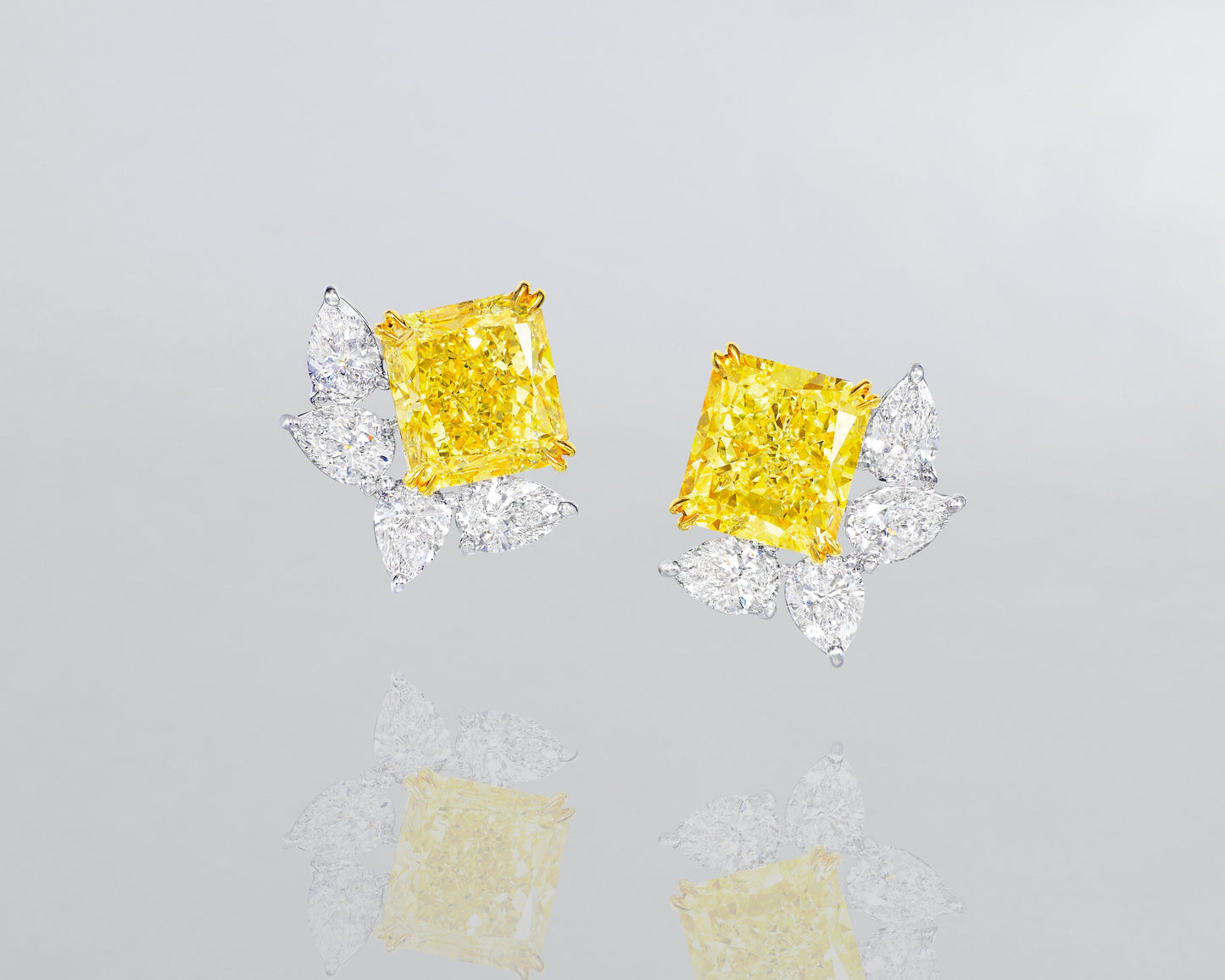 11.80 carat Radiant Cut Fancy Intense Yellow and White Diamond Cluster Earrings