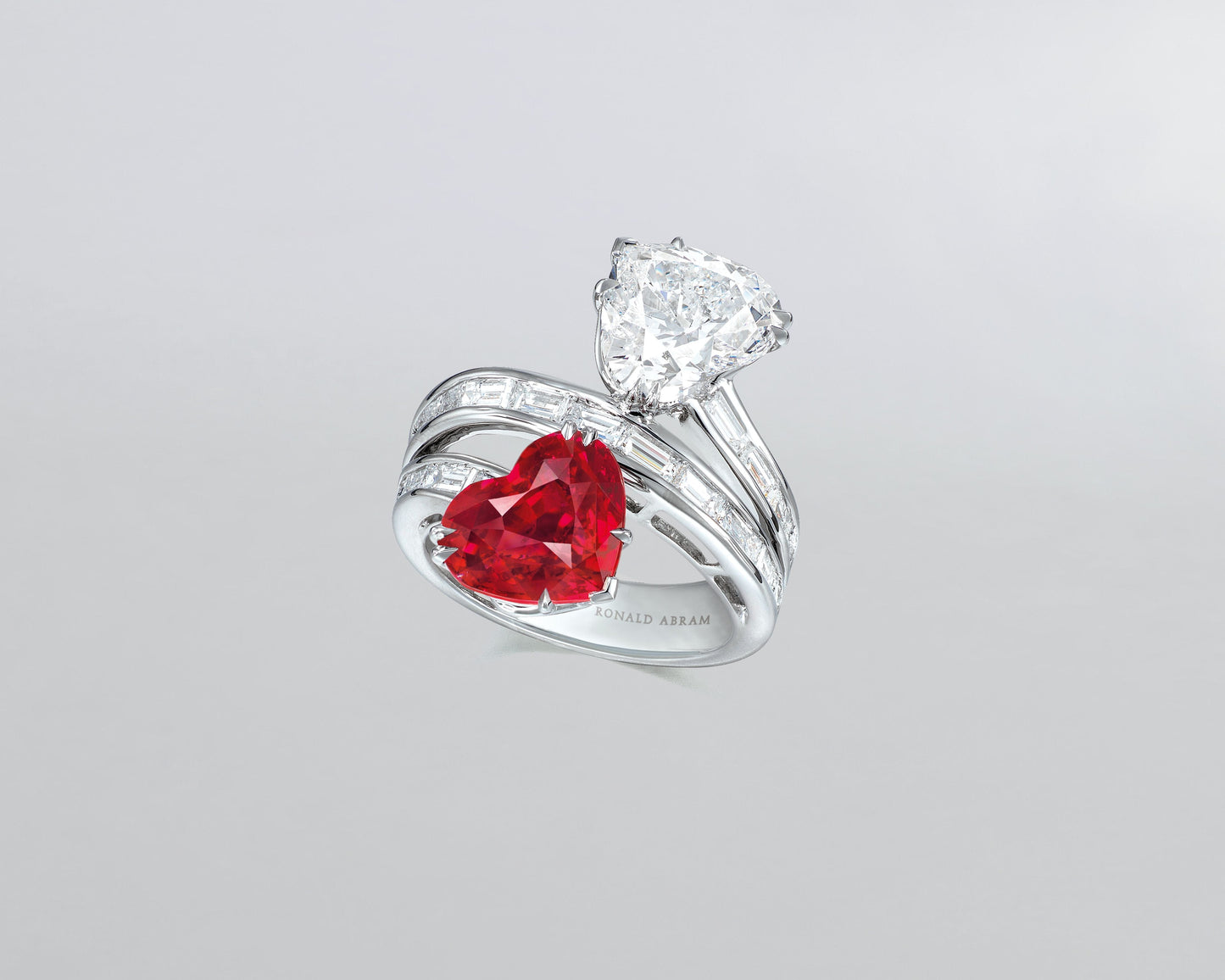 3.64 carat Heart Shape Mozambique Ruby and 3.09 carat Heart Shape Diamond Toi-et-Moi Ring