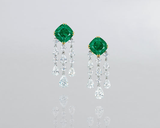 5.99 carat Cushion Cut Emerald and Diamond Chandelier Earrings